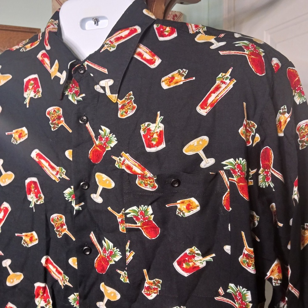 Puritan Mens Black Cocktail Print Rayon Hawaiian Shirt Large Short Sleeve Button